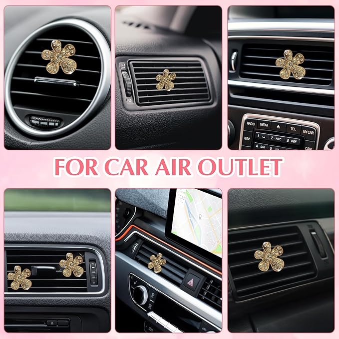 Daisy Air Vent Clips, 3 Pcs Cute Flower Crystal Rhinestone Car Air Conditioning Outlet Clip Vehicle Air Freshener Clip Charm Car Inter Decor Accessories for Women (Golden, 1.6inch)
