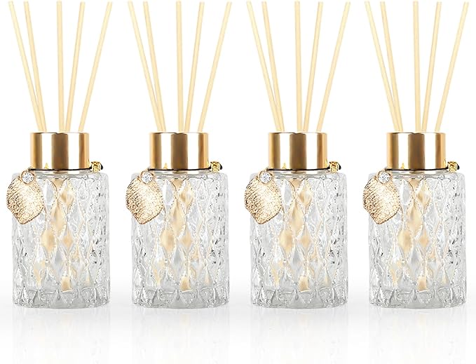 4Pcs Reed Diffuser Set with Metal Golden Decoration, 4.2oz Empty Reed Diffuser Bottles with 20Pcs Reed Diffuser Sticks, Unique Design Bottles for Home and Office(Cylinder)