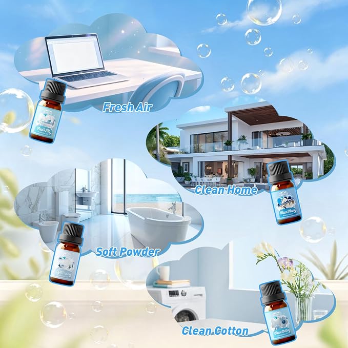 Diffuser Fragrance Oils, Essential Oils for Diffuser for Home, 8x10ml Clean and Laundry Set, Clean Scents for Candle & Soap Making, Fresh Linen, Clean Cotton, Lavender Field, Lemon Fresh, Blossom Soap