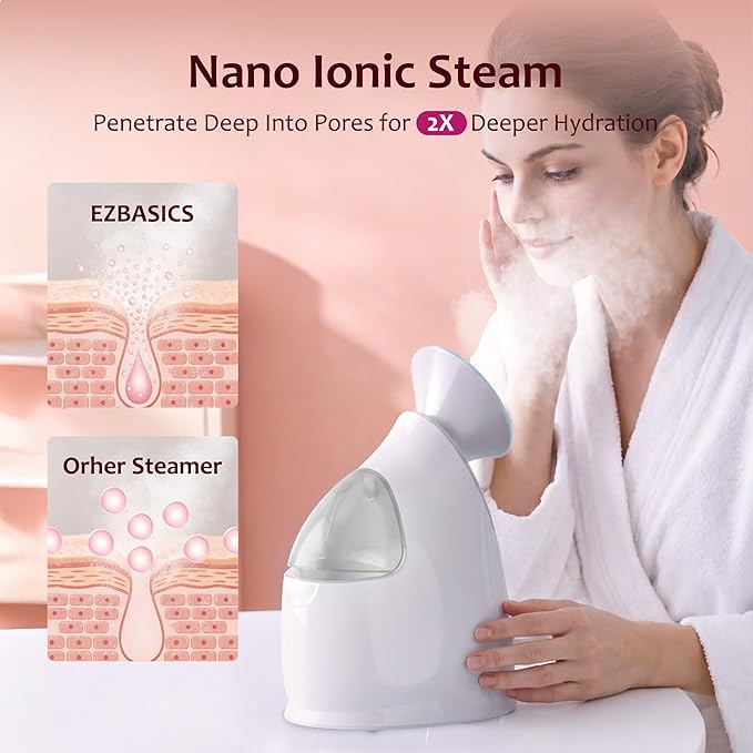 EZBASICS Facial Steamer - Professional Nano Ionic Face Steamer for Facial Deep Cleaning, Warm Mist Humidifier for Home Spa, Unclogs Pores Sinus, Bonus 5 Piece Stainless Steel Skin Kit (Blue)