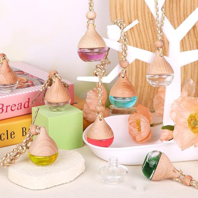 60 Pcs Hanging Car Air Freshener Car Diffuser Bottle Empty Glass Perfume Bottles Air Freshener Diffuser Bottle Pendant for Essential Oils Fragrance Aromatherapy Ornament Decor (Water Drop)