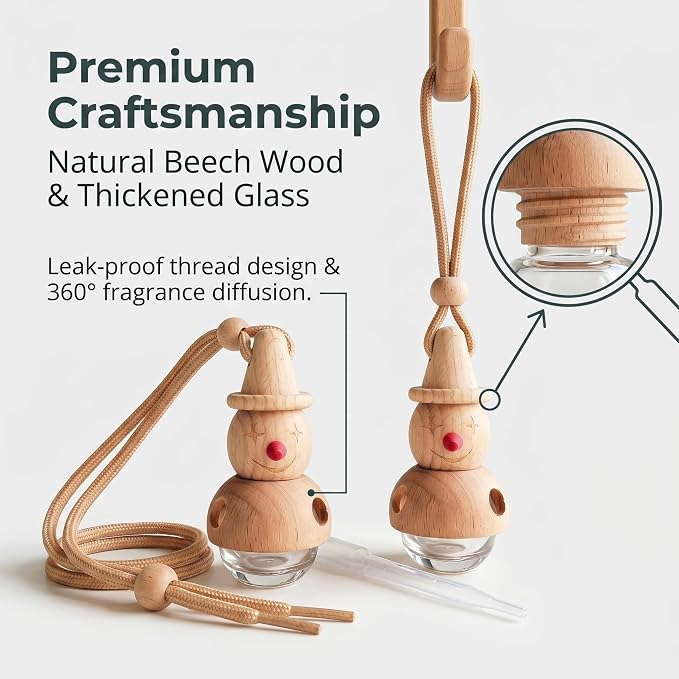 2 Pack Snowman Hanging Glass Car Diffuser Empty Oil Bottles | Wood lids & matching droppers, refillable bottles for car closet bathroom indoor aroma decor gifts