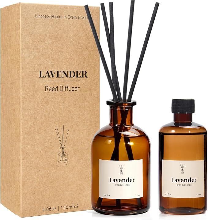 Reed Diffuser Set, 8.12 fl.oz Lavender Scented Oil Diffuser with Sticks, Up to 120 Days, Home Fragrance Reed Diffuser for Bathroom Office Shelf Decor & Room Fresheners, 2 Pack
