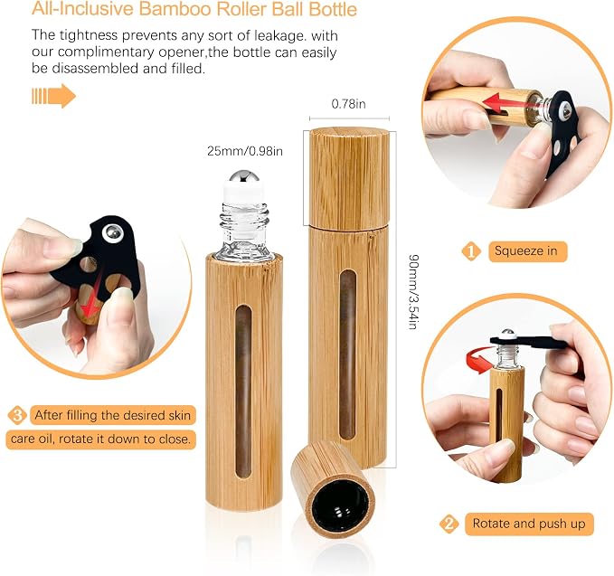 KALYLOC 12Pcs 10ml Bamboo Roll on Bottles for Essential Oils, Refillable Perfume Sample With Stainless Steel Roller, 2Pcs Openers and 2Pcs 3ml Funnels