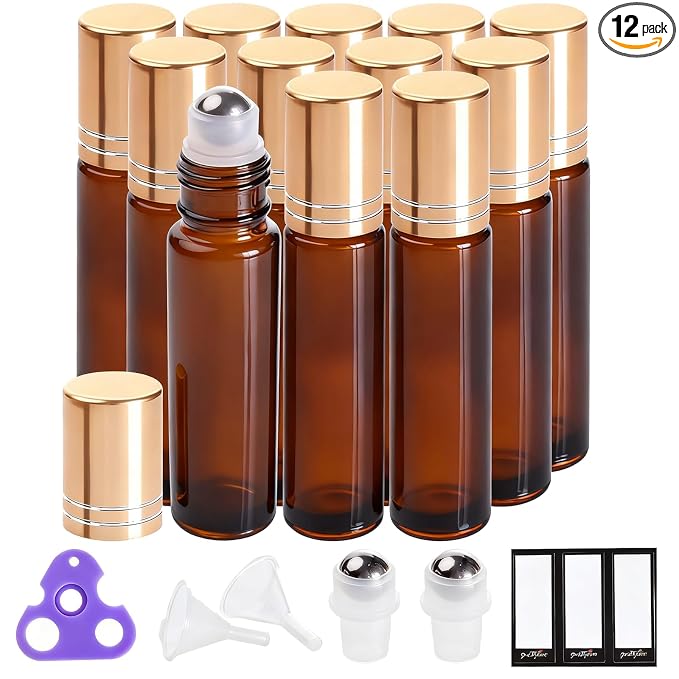 PrettyCare 12 Pack, 10 ml Essential Oil Roller Bottles with Stainless Steel Roller Ball - Refillable Leak-proof Empty Thick Amber Glass Roll on Bottles with Metal Caps for Travel, Perfume