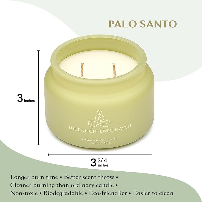 Palo Santo Meditation and Yoga Candle for Cleansing and Protection - 50 Hour Clean Burning Soy Wax - 2-Wick Spiritual Aromatherapy Smudge Candle with Guided Materials -9.5oz