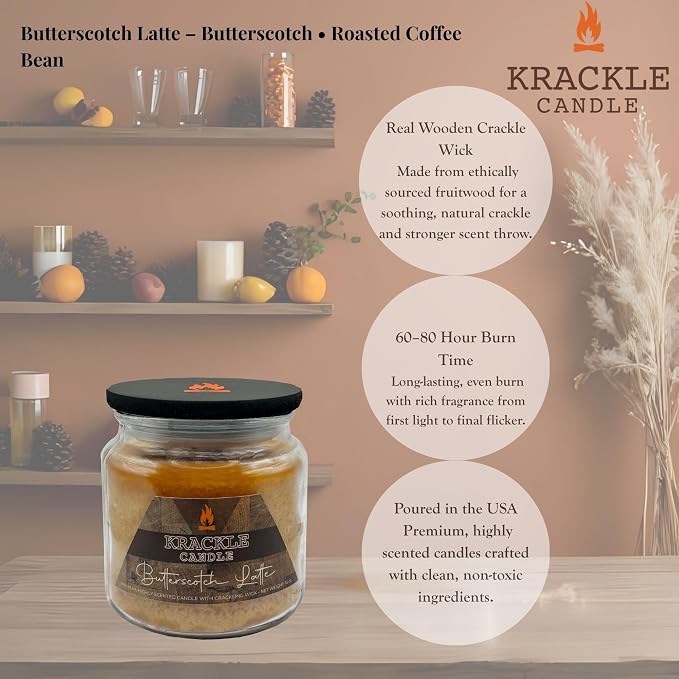 Krackle Candle | Butterscotch Latte | 16 oz Scented Candle with Natural Crackling Wooden Wick | Poured in the USA | Butterscotch & Roasted Coffee Bean Fragrance
