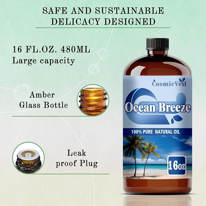 Ocean Breeze Essential Oil Ocean Breeze Oil for Aroma Diffuser,Humidifier,Home Fragrance,Cleaning,Body Care,Massage,Yoga,DIY Candle,DIY Soap CosmicVeil（Ocean Breeze，16 Fl Oz (Pack of 1)）