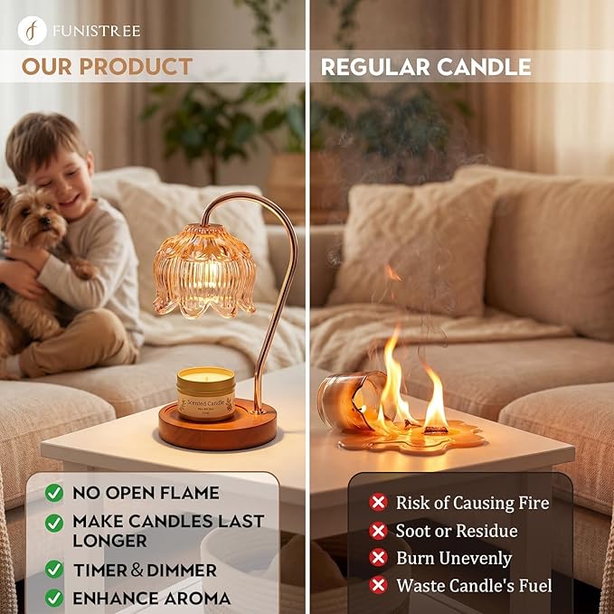 Flower Candle Warmer Lamp with Timer for Jar Candles, Dimmable Candle Lamp Warmer Gift Set with 3 Scented Candles Lavender Vanilla Oud, Christmas Birthday Gifts for Women Mom Wife Her - Amber