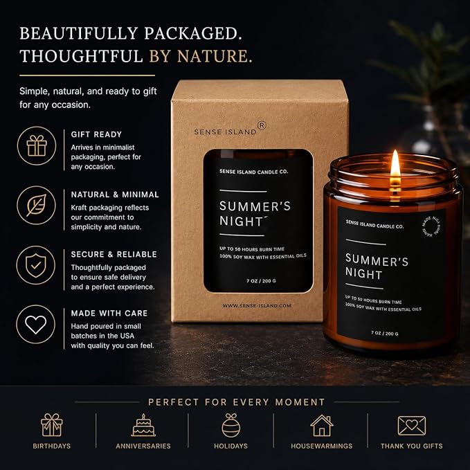 Summer's Night Scented Candles for Men&Women | 100% Natural Soy Candle 7oz, up to 50 Hrs Burn Time Highly Scented Premium Scented Candle Amber Glass Jar