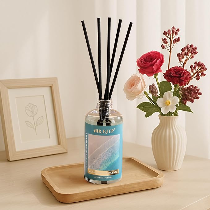 Airkeep Reed Diffuser Oil Refill with Diffuser Sticks, 6.76 Fl Oz(200ml) Ocean Mist&Sea Salt Scented Oils, Aroma Therapy, Home Fragrance & Air Freshener, Office Décor, Decoration
