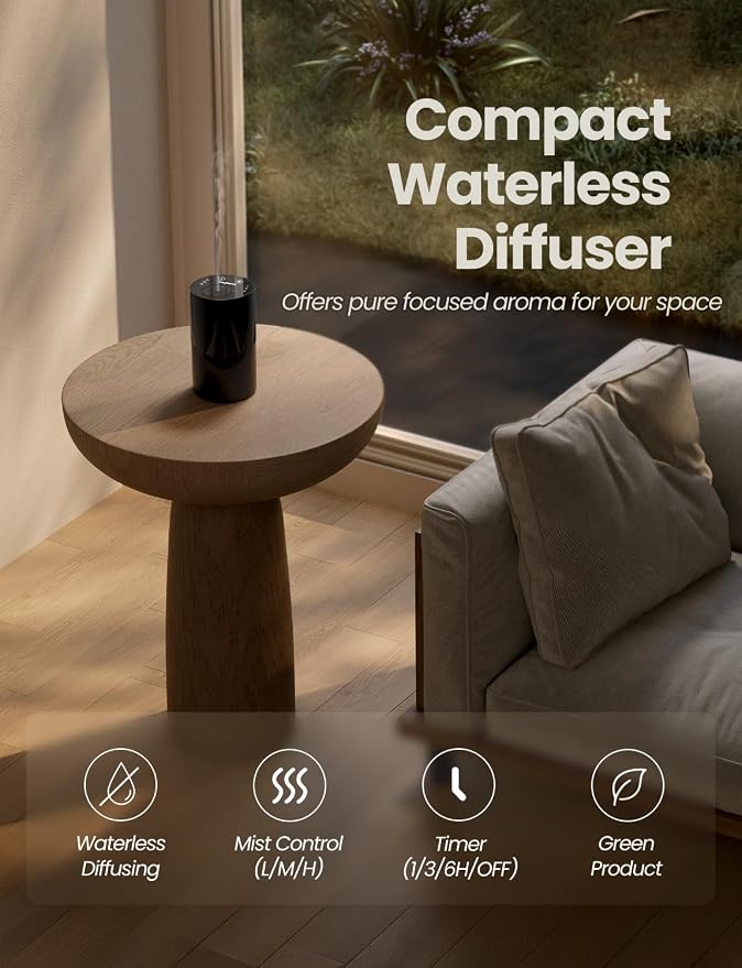 Waterless Essential Oil Diffuser Starter Kit with 4x10mL Hotel Scent Fragrance Oils, Rechargeable Mini Car Diffuser Scent Air Freshener Machine, Portable Aroma Diffuser for Home Car Office, Black