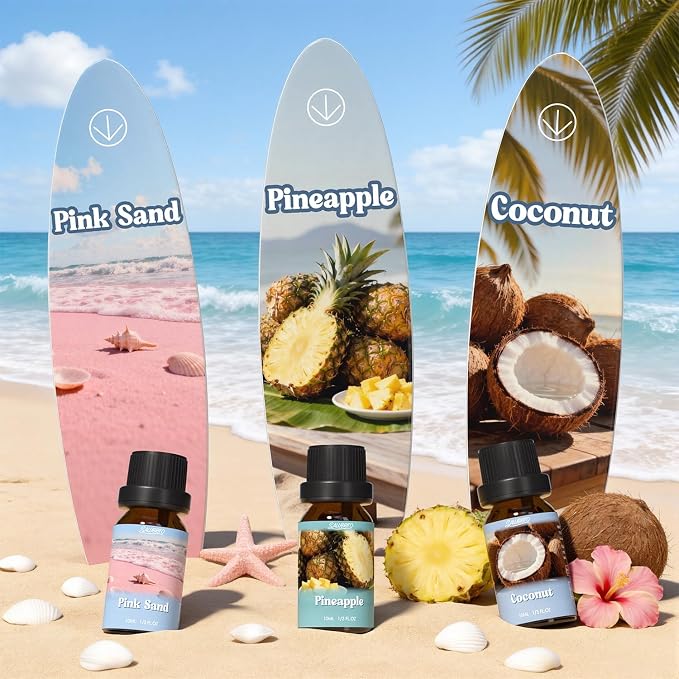 SALUBRITO Summer Fragrance Oils Set, Premium Essential Oils Set for Diffuser, Candle, Soap Making, Fresh Cotton, Coconut, Mojito, Pineapple, Ocean Breeze, Pink Island, Strong Scented Oils