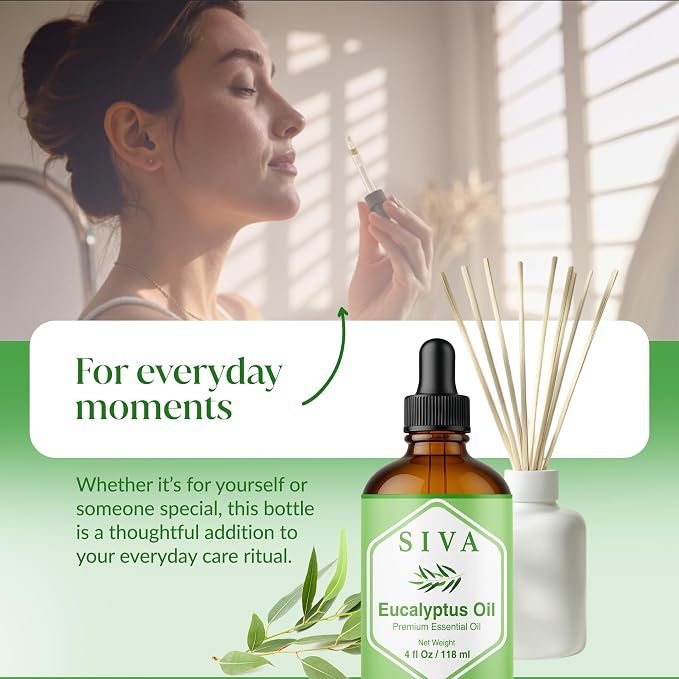 Siva Eucalyptus Essential Oil 4 Fl Oz – for Diffuser, Skin & Hair Care – Ideal for Aromatherapy, Massage & DIY Blends- with Dropper