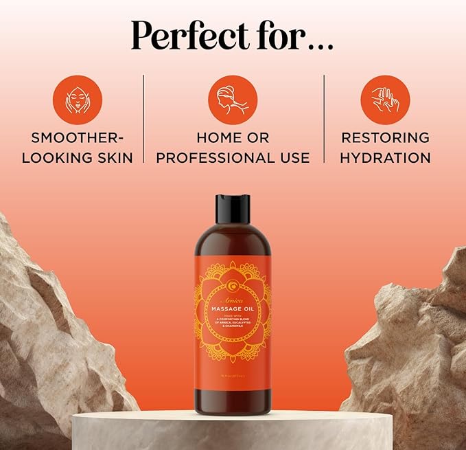 Arnica Massage Oil for Muscle Relaxing - Comforting Sore Muscle Massage Oil for Full Body Relief with Soothing Chamomile Lavender Peppermint & Rosemary Essential Oils - Vegan & Non GMO (16 Fl Oz)