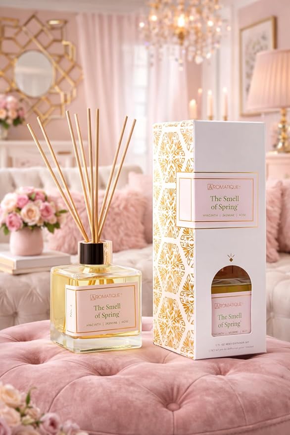 Aromatique, Reed Diffuser Set, Reusable, Refillable Glass Vessel Includes 8 Reed Sticks, Flame Free, Luxury Home Decor Fragance, Boxed for Gifting, (Standard, Smell of Spring)