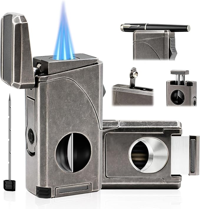 6-in-1 Triple Jet Butane Torch Lighter Built-in V & Straight Cutter, Punch, Holder, Draw Enhancer, Refillable Lighters and Windproof Gas Lighter for Candles, Cool Lighter for Men (No Gas)