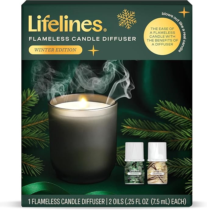 Lifelines Flameless Candle Diffuser - Winter Edition Gift Set - Aromatherapy Essential Oil Diffuser with 2 Holiday ClickWick Blends - Cordless & Waterless for Home - Electric Candles Blow Out Flame