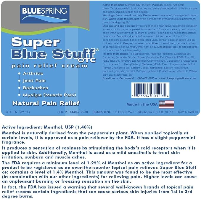 Super Blue Stuff Natural Pain Relief Roll-On with Emu Oil, 3 fl oz | Anti Inflammatory Analgesic Cream, For Back, Knee, Joint, Muscle, Arthritis, Neck Pain
