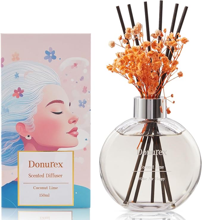 Flower Reed Diffuser Set 5.07oz Coconut Lime Scent Diffuser with Sticks Home Fragrance Reed Diffuser for Bathroom Shelf Decor
