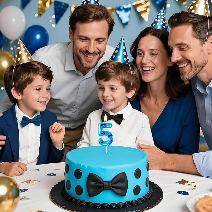 Number 5 Birthday Candle for Cake – Blue Gentleman Style with Sunglasses, Bow Tie & Mustache Design – Cool Cake Topper for Birthday Party Decoration