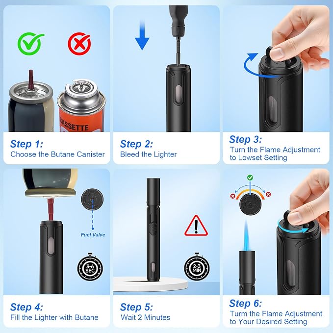 Torch Lighters 6 Inch Refillable Jet Flame Butane Lighters with Visible Fuel Window, Portable Long Lighter for Candle Grill Fireplace Camping BBQ. 2 Pack (Not Prefilled)