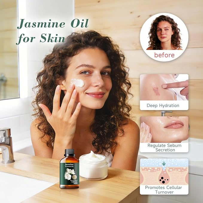 Jasmine Essential Oil, Pure Mumianhua Natural Oil for Bedtime Sanctuary & Pillow Mist, Luxurious Floral Aroma for Evening Wind‑Down, Diffuser, Skin, Hair – 3.38 Fl Oz