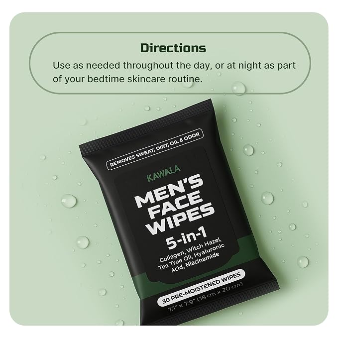 KAWALA Men’s Face Wipes, 2-Pack – Face Cleansing Wipes for Men, Deep Clean & Refresh, Travel-Friendly Wipes for Oily or Acne-Prone Skin