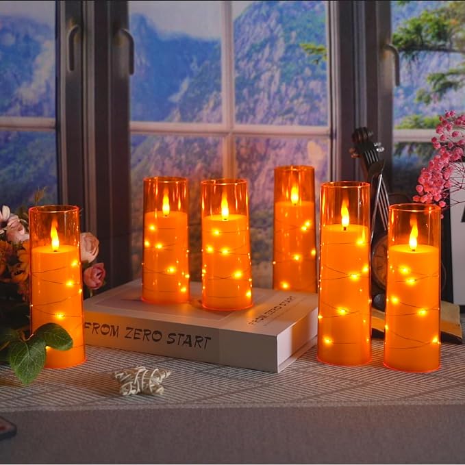 Eebuss Flameless Candles with Embedded Star String, Battery Operated LED Pillar Candles with Timer and Remote Control,Home Decorating for Ambiance, Set of 7 (Orange)