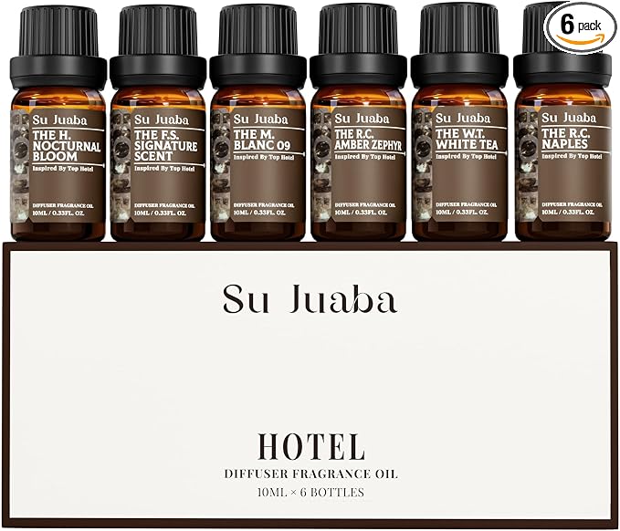 SU JUABA Hotel Collection Diffuser Oil Gift Set, Luxury Scents Inspired by Iconic Hotels, Fragrance Oil Perfect for Waterless Diffusers, Air Freshening, and DIY Crafting - 6x10mL