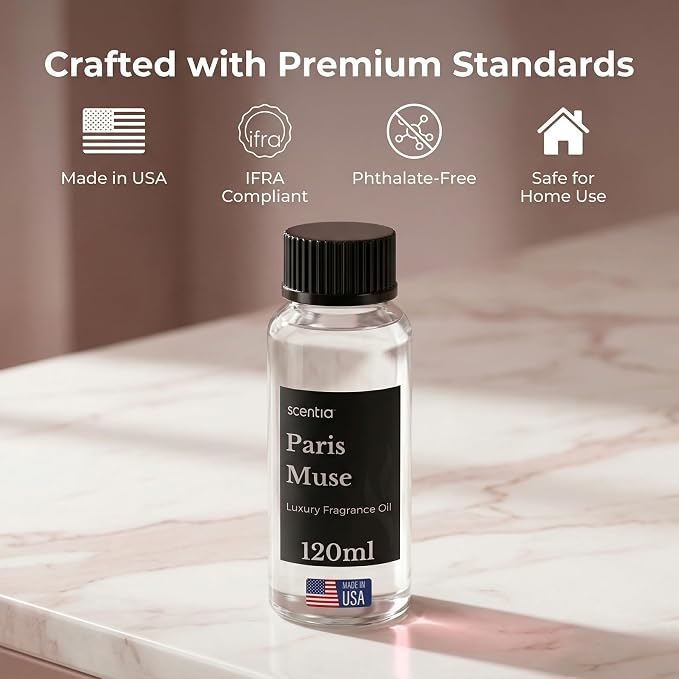 Scentia Paris Muse Diffuser Oil Refill – Hotel Fragrance Oil Inspired by Hotel Costes Paris – 120 mL – Rose, Sandalwood & Clove Long-Lasting Scent for Ultrasonic & Waterless Diffusers, Made in USA