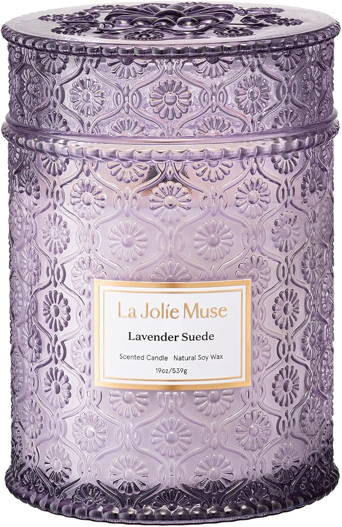LA JOLIE MUSE Lavender Suede Scented Candles for Home,19 oz Natural Soy Wax | Large Jar Luxury Candle, Clean Non Toxic, Gift for Women & Men, Relaxing Aromatherapy, Decorative Purple Candles, Wood Wick