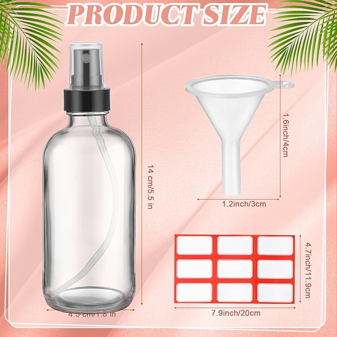 Fumete 2 Pack Glass Bottles 4oz Empty Refillable Liquid Containers with 1 Label 1 Funnel for Essential Oils Hair Travel Plants Cleaning Skin Care(Clear, Black Top,Mist Bottle)