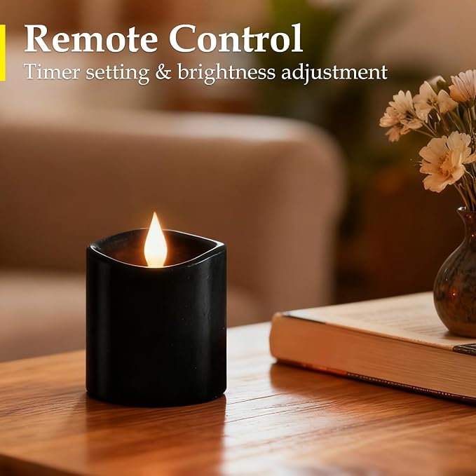 Black Flameless LED Candles - 3" x 3" Real Wax, Battery Operated with Remote Timer, 3D Flickering, Lasts 600+ Hours, Halloween & Christmas Deco (Black, 3"*3"-1pcs)