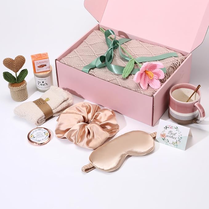 Christmas & Birthday Gifts for Women, Self Care Gift Basket Get Well Soon Care Package - Luxury Spa Set with Knitted Blanket, Fuzzy Socks, Mug, Candle, Scrunchie for Her, Mom, Best Friend