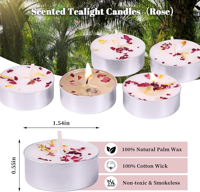 Rose Scented Tealight Candles 16 Pack - 4-Hour Palm Wax White Tea Lights, Plant Dried Flower Tea Lights Candle (Paraffin-Free), Scented Votive Candles for Home/Yoga/Bath/Meditation