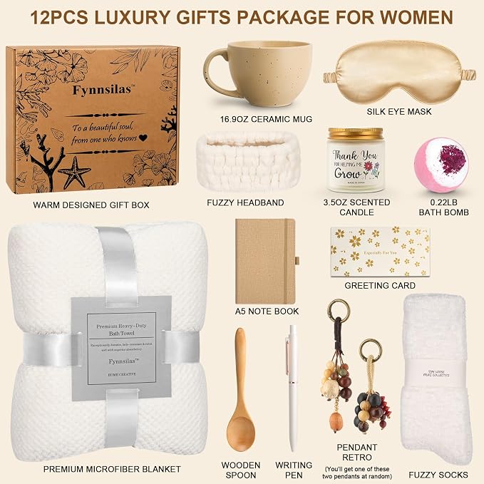 Stress Relief Spa Gift Box for Women – 12pc Self Care Set w/ Oud Wood Candle, Blanket, Bath Bombs, Eye Mask, Fuzzy Socks | Birthday Get Well Thinking of You Gift
