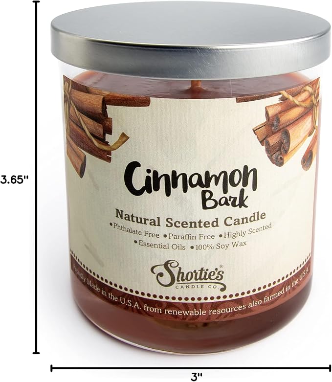 Cinnamon Bark Scented Natural Soy Candle, Essential Fragrance Oils, 100% Soy, Phthalate & Paraben Free, Clean Burning, 9 Oz.