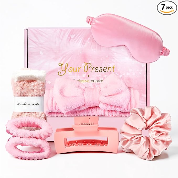 Self Care Gift Set for Women, Mini Spa Kit | Soft satin and plush textures, hair hold, cozy wear, spa nights, birthdays, travel, ready to give for girl, mom, girlfriend