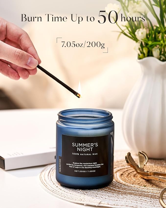 M&SENSE Summer's Night Scented Candles for Home, 7.05oz Natural Soy Wax, 50 Hours Slow Burning, Organic Non Toxic Clean Burn, Aromatherapy Candle for Spa Meditation, Romantic Smelling for Men Women