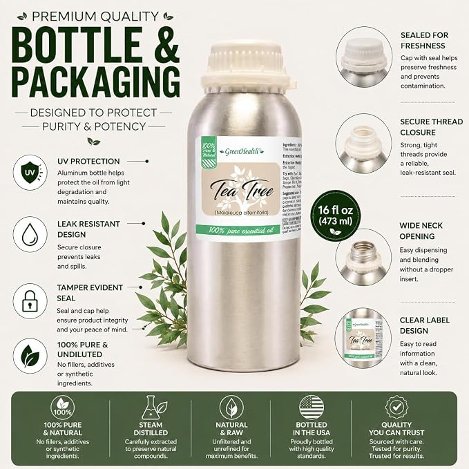 2 Bottles - 16 fl oz Tea Tree Essential Oil (100% Pure & Uncut), Aluminum Bottle - GreenHealth