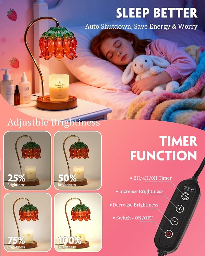 Funistree Flower Candle Warmer Lamp with Timer, Dimmable Candle Lamp Warmer, Christmas Birthday Gifts for Women Mom Her, Housewarming Home Decor, Lotus Wax Warmer for Yankee - Strawberry 10 Inch