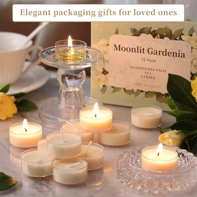 DEVI Moonlit Gardenia Scented Tea Lights Candles 12 Pack, 3.5-4 Hours Natural Palm Tea Candles Bulk for Home Scented, Highly Scented Small Votives with Essential Oils for Home Aromatherapy, Gifts