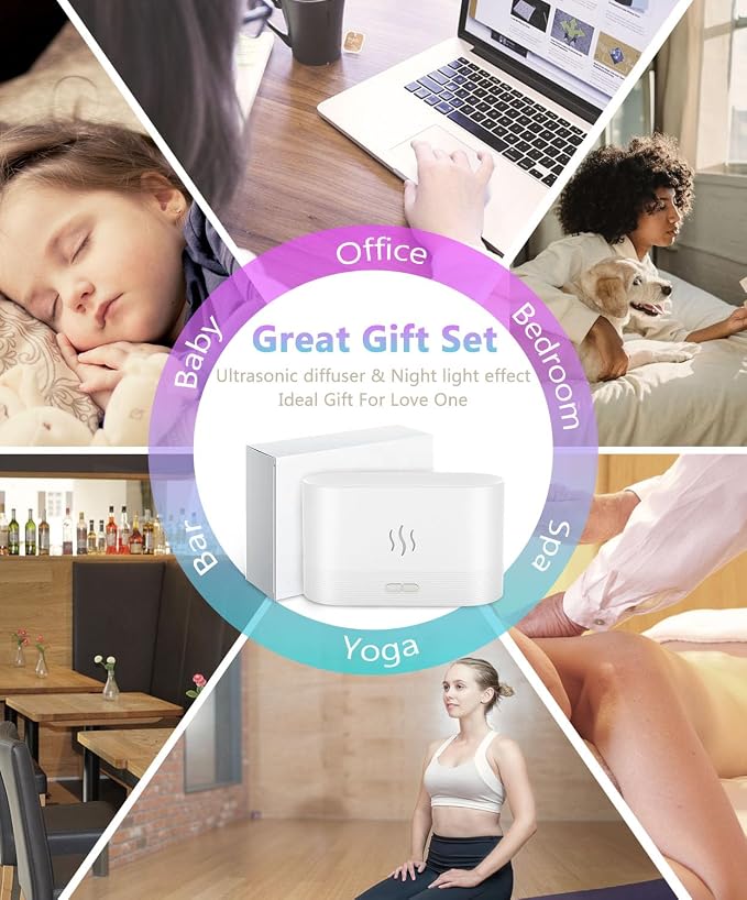 PIZAY Essential Oil Diffuser, Air Humidifier with Flame Led Light - 7 Colors, 180mL Capacity (8 Hours), Noiseless Operation, Auto-Off Protection - Perfect for Home Bedroom Office Gifts(Black)