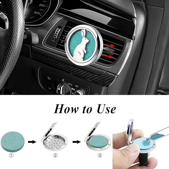 Rabbit Fun Small Car Aroma Diffuser Freshener Clip,30mm Stainless Steel Lockets with 10 Felt Pads, Aromatherapy Car Accessory Gift Set for Men Women