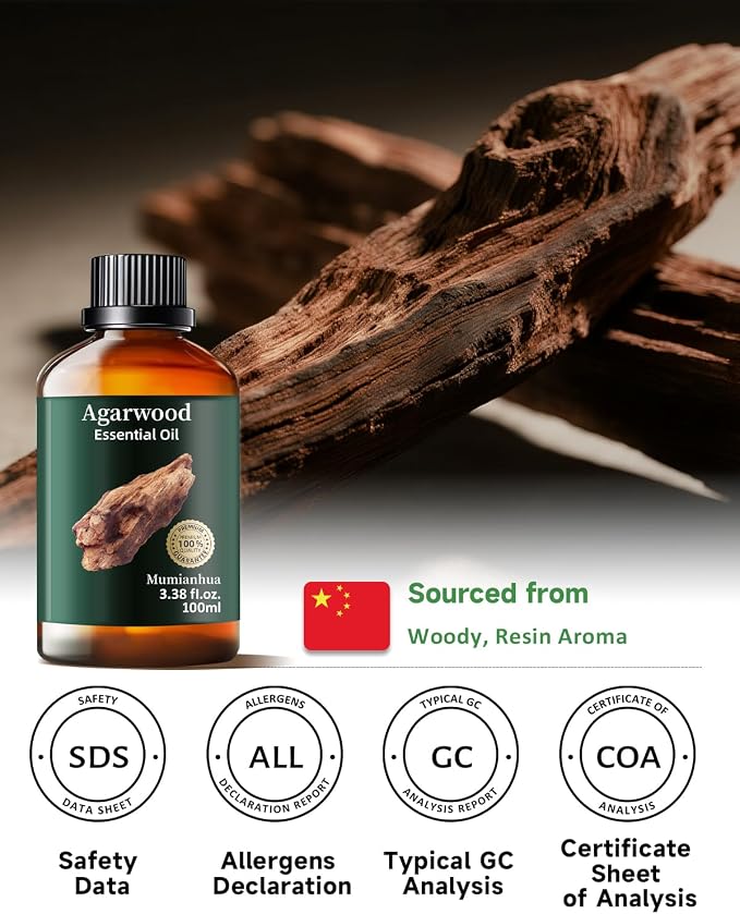 Agarwood Essential Oil, Pure Mumianhua Oud Oil for Meditation & Evening Grounding, Luxurious Woody Aroma for Diffuser, Perfume, Skin, Hair, Candle & Soap Making – 3.38 Fl Oz