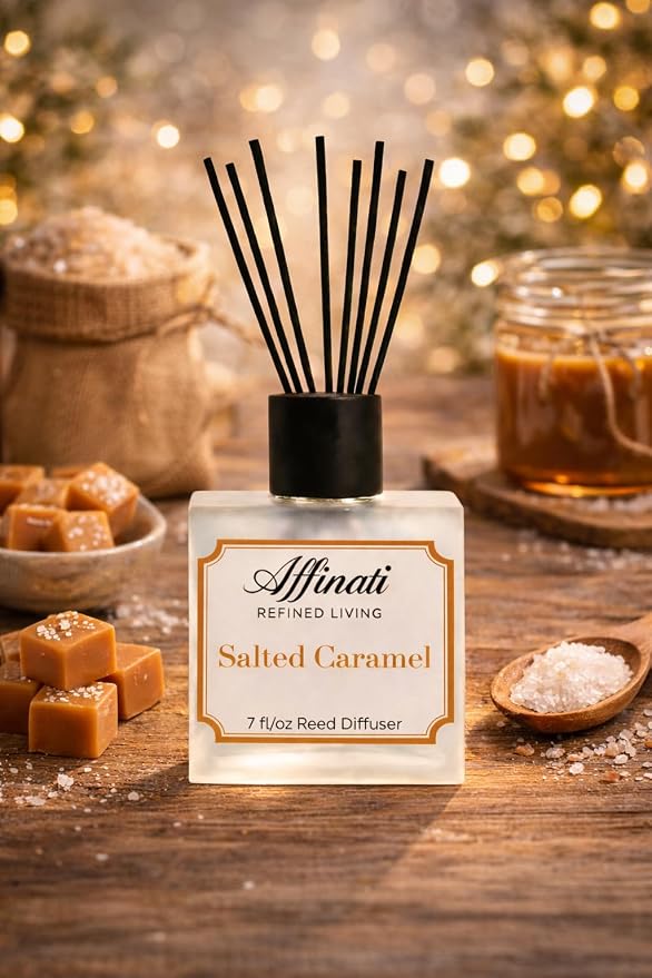 Affinati Salted Caramel Reed Diffuser – 7.0 fl oz Home Fragrance Diffuser with 8 Reeds – Long Lasting Flame Free Room Fragrance for Bedroom, Bathroom, Office & Living Room
