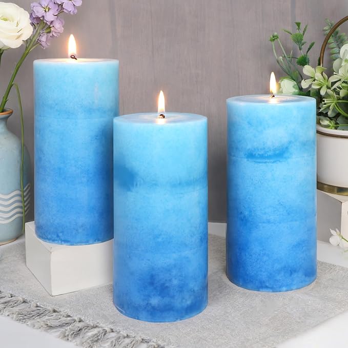 Pillar Candles Ocean Scented, Immeiscent Aromatherapy Candles, 60+ Hours Burn Long Lasting, Blue Mottled Layered Candles for Home Scented, SPA, Restaurant, Set of 3