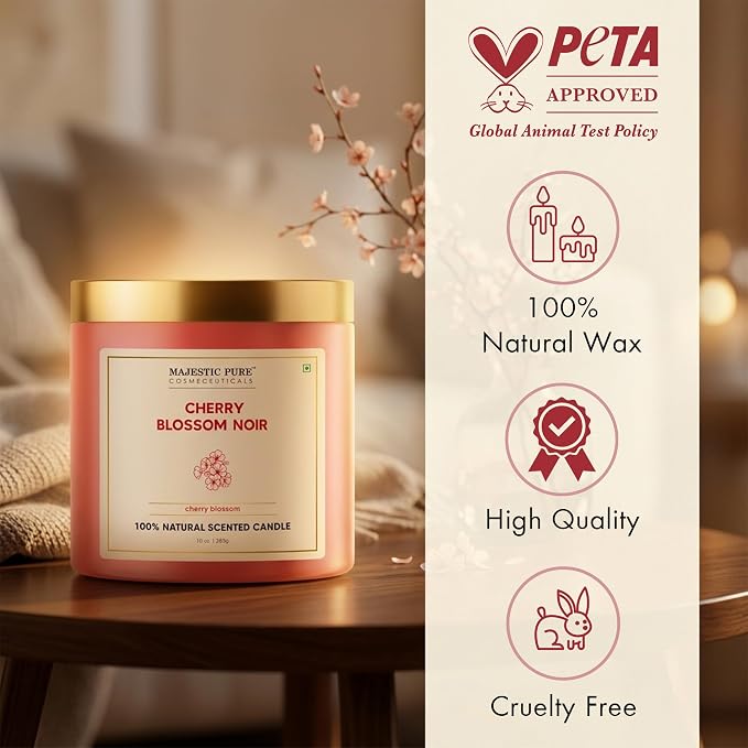 Majestic Pure Candle Cherry Blossom, Natural Scented, 10oz | Large Jar, 45+ Hours Burn Time, Giftable