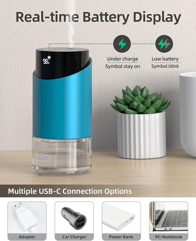 Waterless Essential Oil Diffuser for Home Rechargeable Aluminum Alloy Scent Diffusers with 4 Timer Settings, 3 Mist Levels with Vehicle Mode for Car Room Studio Office, Black Metal,100ml (Blue)